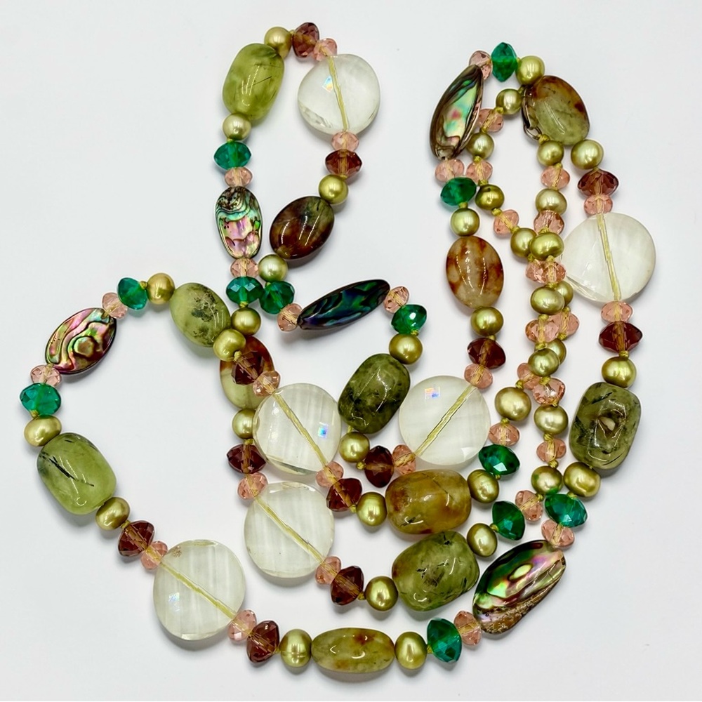 One Of A Kind Artisan Abalone Moss Agate Quartz Pearl 40” Necklace 925 Gemstone - Picture 15 of 17